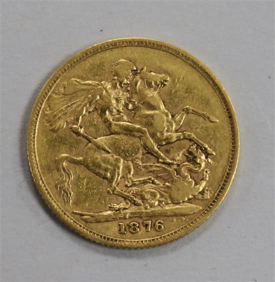 An 1876 Victorian gold full sovereign.